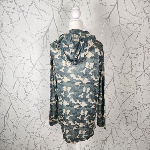 Nicole Miller Green Camo Print 100% Linen Open Hooded Cardigan - Picture 5 of 7
